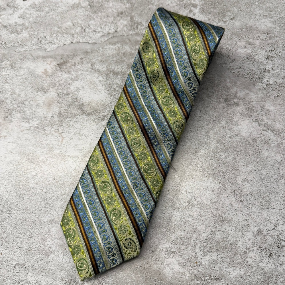 Bruno‎ Piattelli Necktie Mens OS Green Blue Paisley Striped Silk USA New